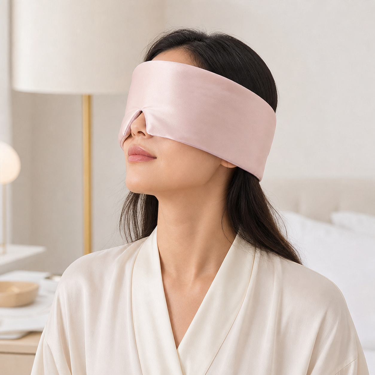 Woman wearing Silklyss 22 Momme mulberry silk sleep mask in pink