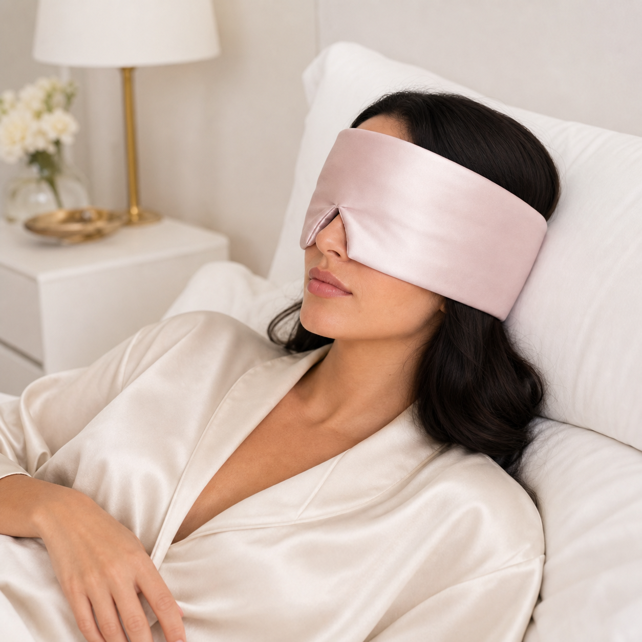 Woman wearing Silklyss 22 Momme mulberry silk sleep mask in pink for restful sleep